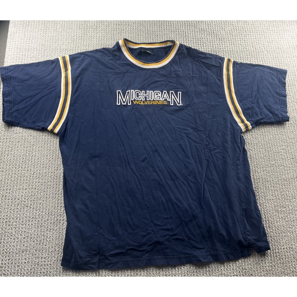 Vintage Michigan Wolverines‎ Ringer T-Shirt Embroidered Logo Blue Men's XXL Y2K